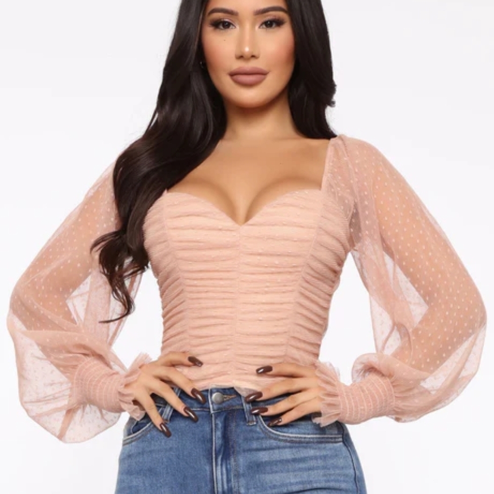 Fashion Nova Blush Ruched Blouse with Sheer Sleeves